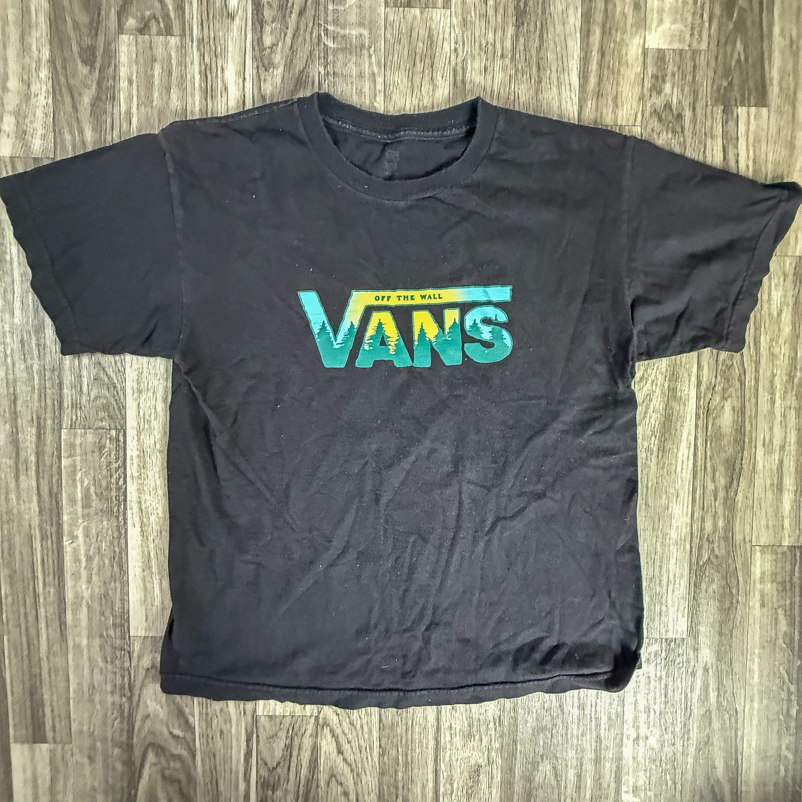 VANS Off The Wall Distressed Logo T-Shirt Black Teal Yellow Graphic Skate Tee gallery