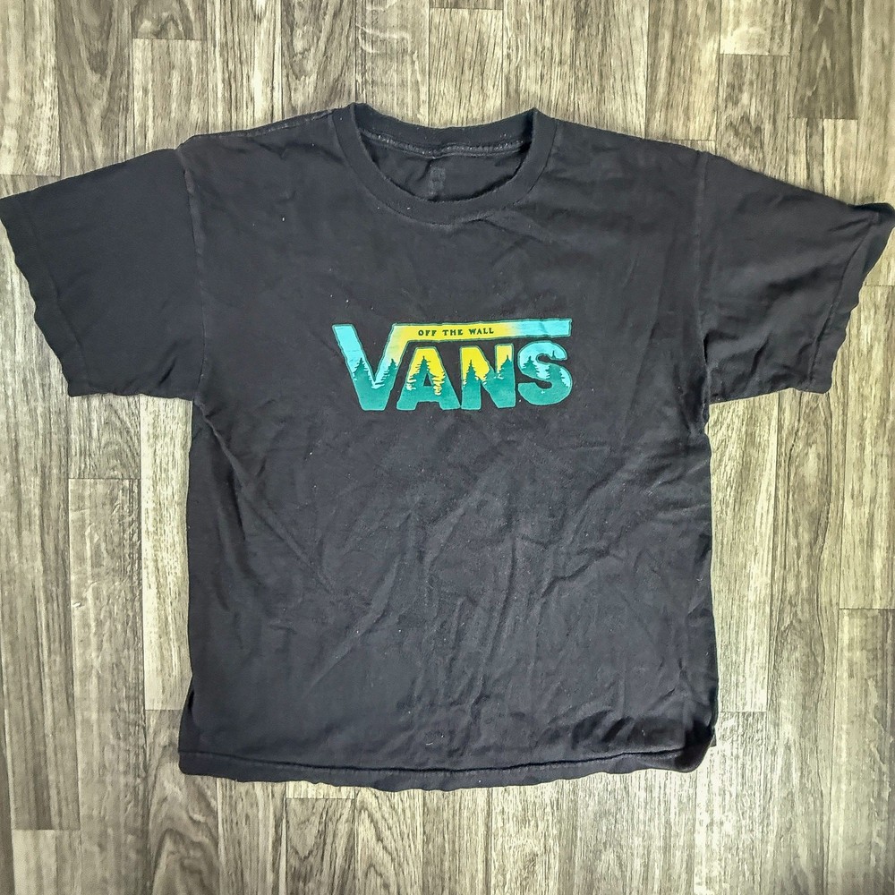 VANS Off The Wall Distressed Logo T-Shirt Black Teal Yellow Graphic Skate Tee