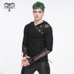 Devil Fashion Men Black Gothic Punk Mesh Splicing Casual Hooded T-Shirt Slim Top
