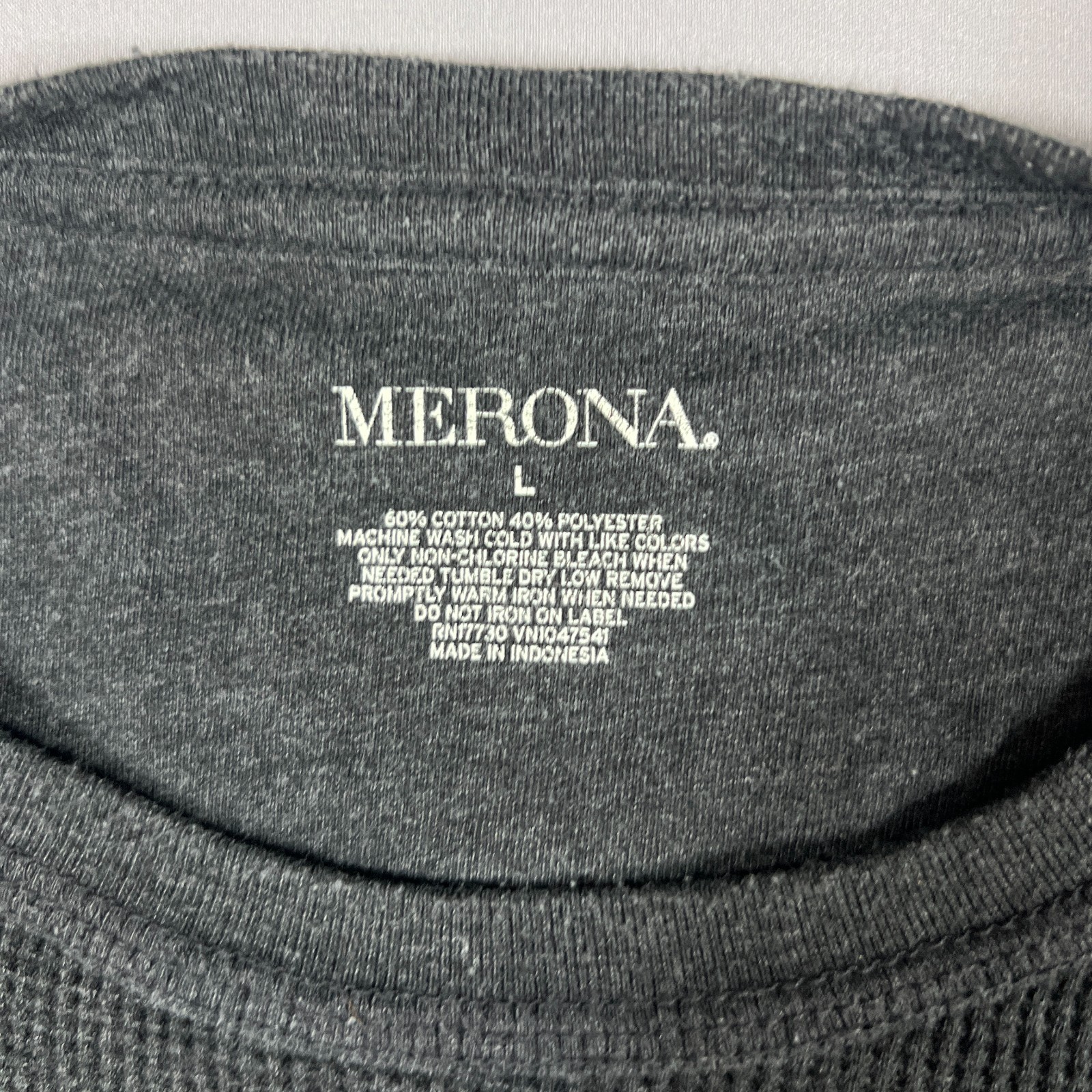 Merona Thermal Shirt Mens Large Charcoal Gray Cotton Waffle Knit Raglan Sleeve gallery