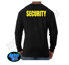 Long Sleeve Security T-Shirt Black Tee Staff Club Event Uniform Yellow/Wt Print