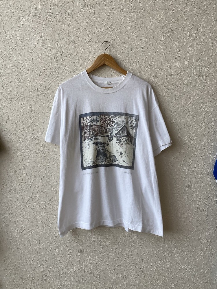 Vintage 1998 Tom Butler Winter Scene With A Mill Art Print Graphic T Shirt