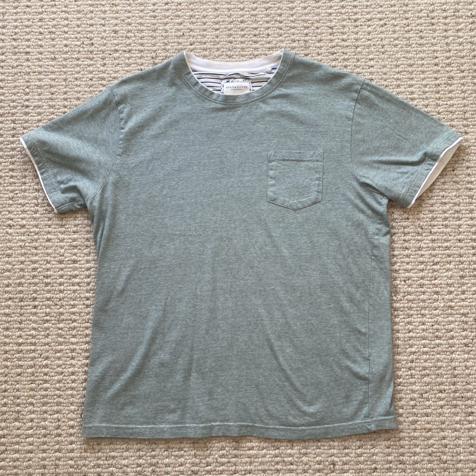 Denim & Flower Light Green White Stripe Contrasting Trim Beach Casual Men’s L gallery