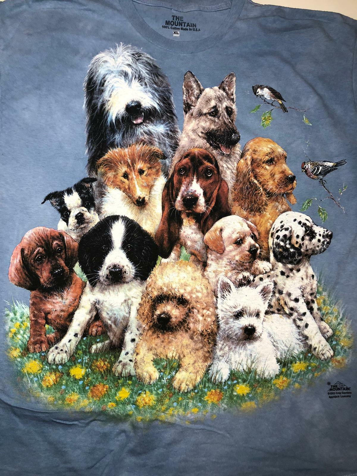 The Mountain Puppies in Grass Cute Dogs Blue Pets Cotton Animal T-Shirt S-3X gallery