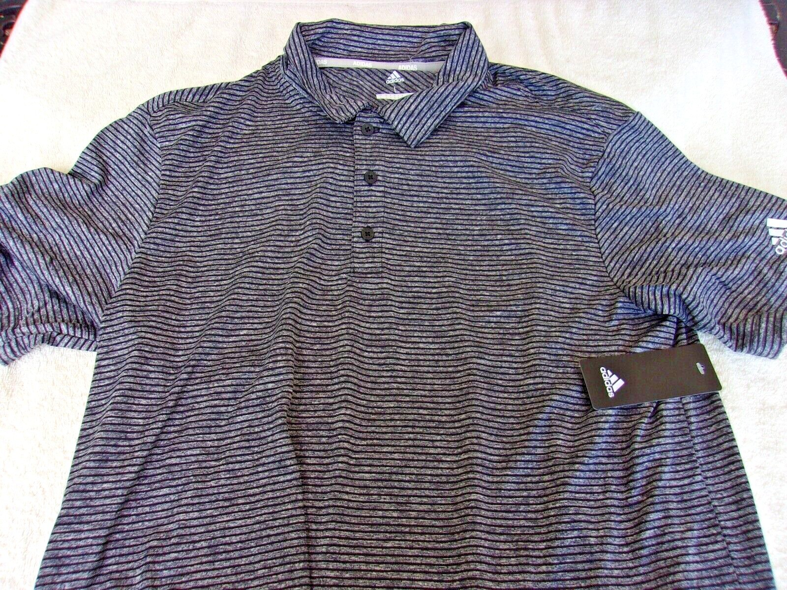 NWT Adidas polo, mens S, M, L, or XXL, gray, black stripes, pointed collar, $60 gallery