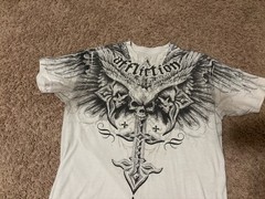 Affliction T Shirt Mens Medium White Black Skull Big Wings AOP Distressed Thin