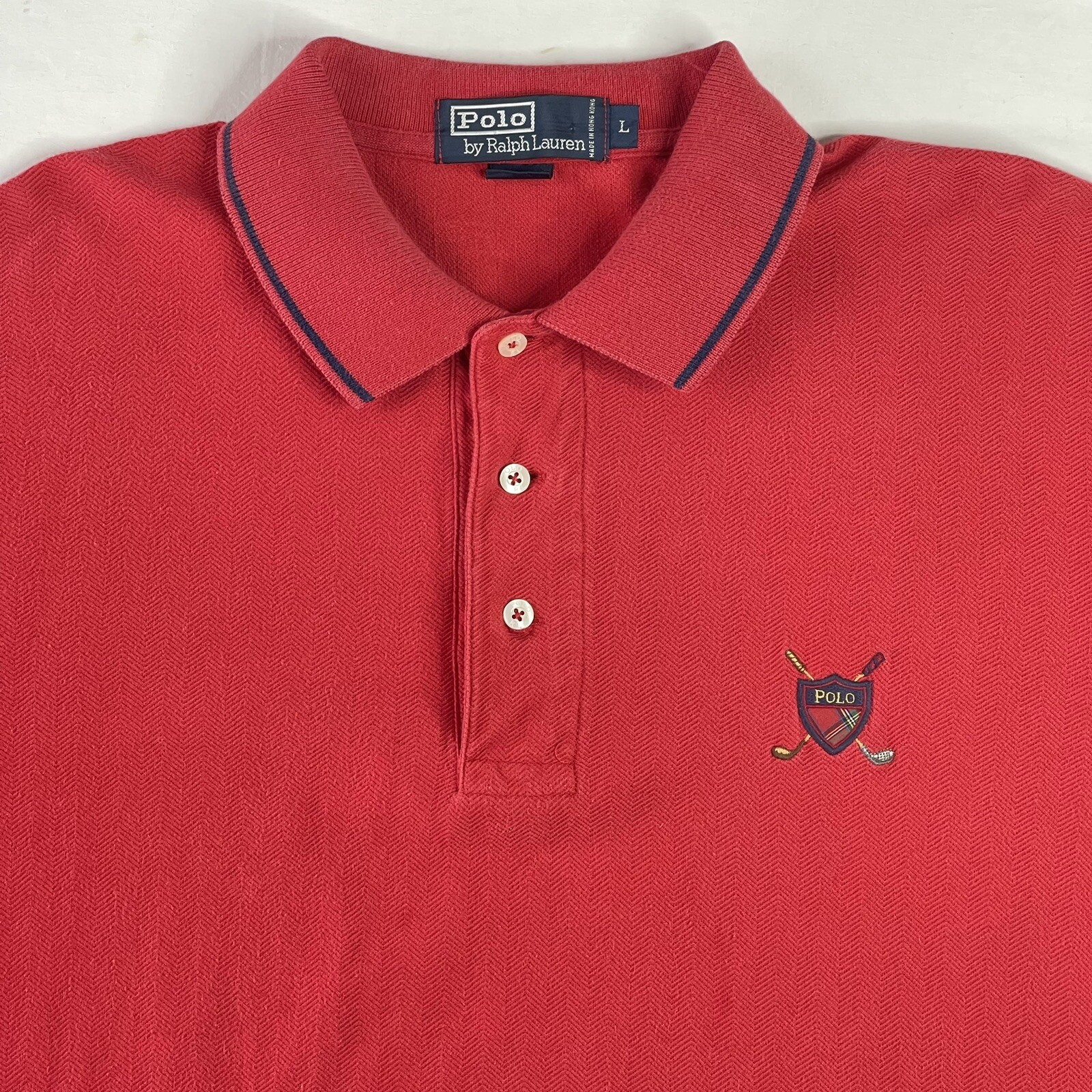 vtg Polo Ralph Lauren Herringbone Golf Polo Men's Sz Large L 100% Cotton Red gallery