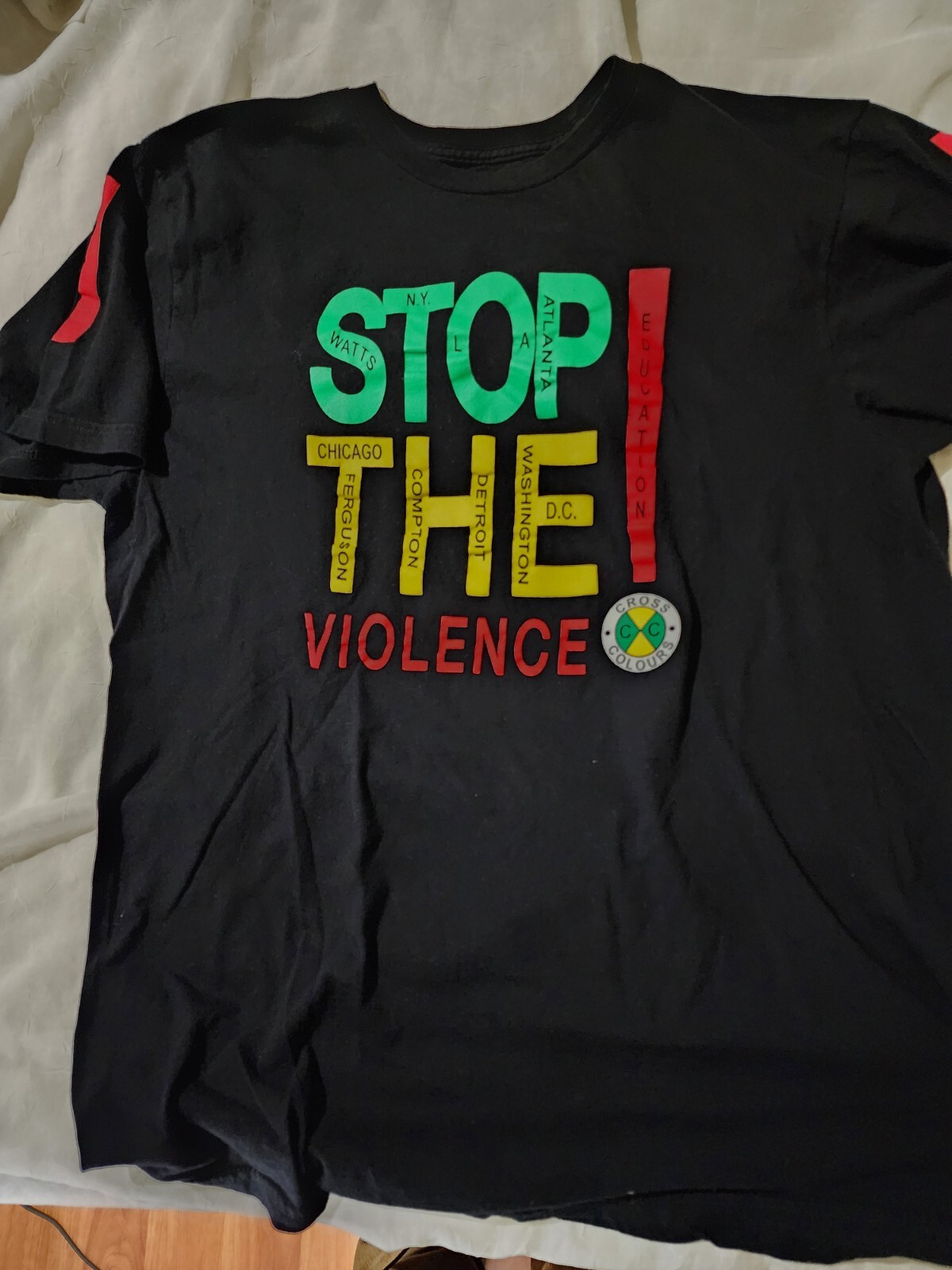 Vtg 90s Cross Colours Hip Hop Rap T-Shirt Large PEACE Stop the Violence RARE gallery