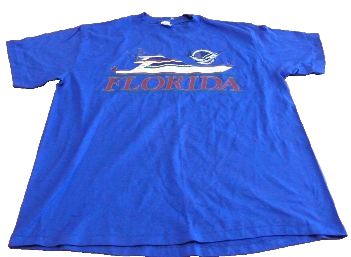 Vtg. Florida Boat Marlin Fishing Blue T-Shirt Made in USA gallery