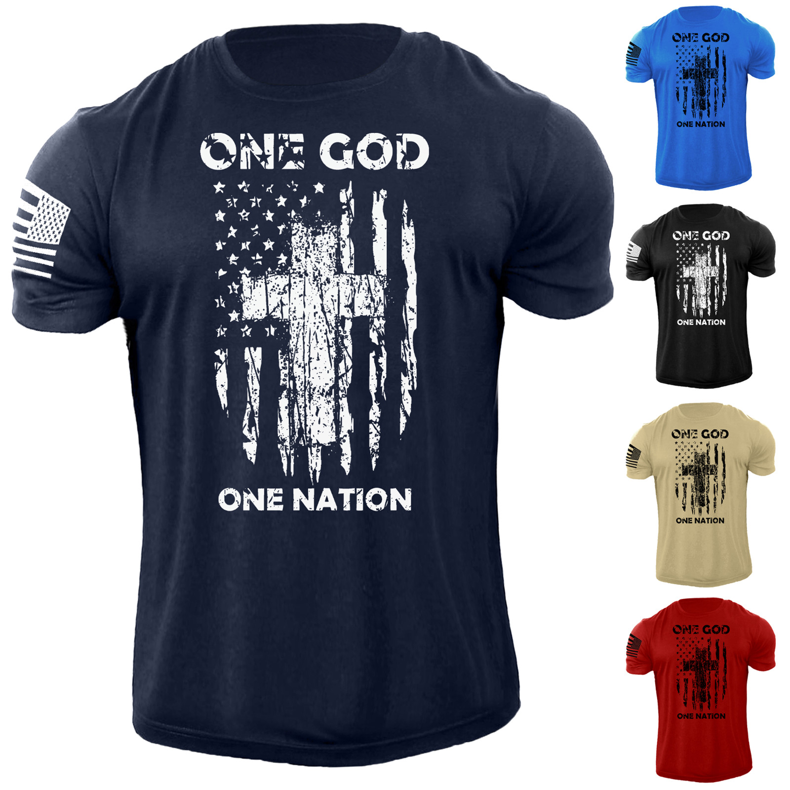 Men's One GOD One Nation Cross USA Flag T Shirt American Patriotic 100% Cotton gallery