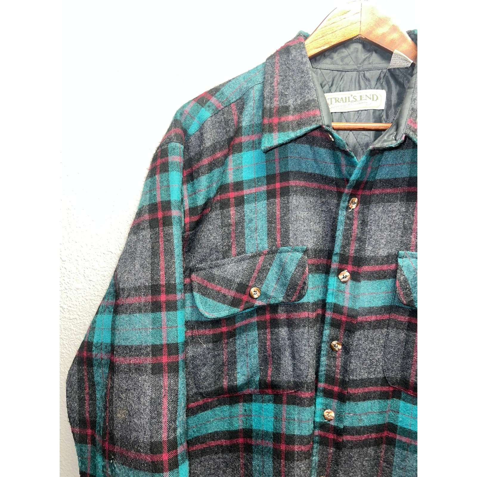 Vintage Trail's End Flannel Shirt Quilted Lined Plaid Teal Gray Western VTG L gallery