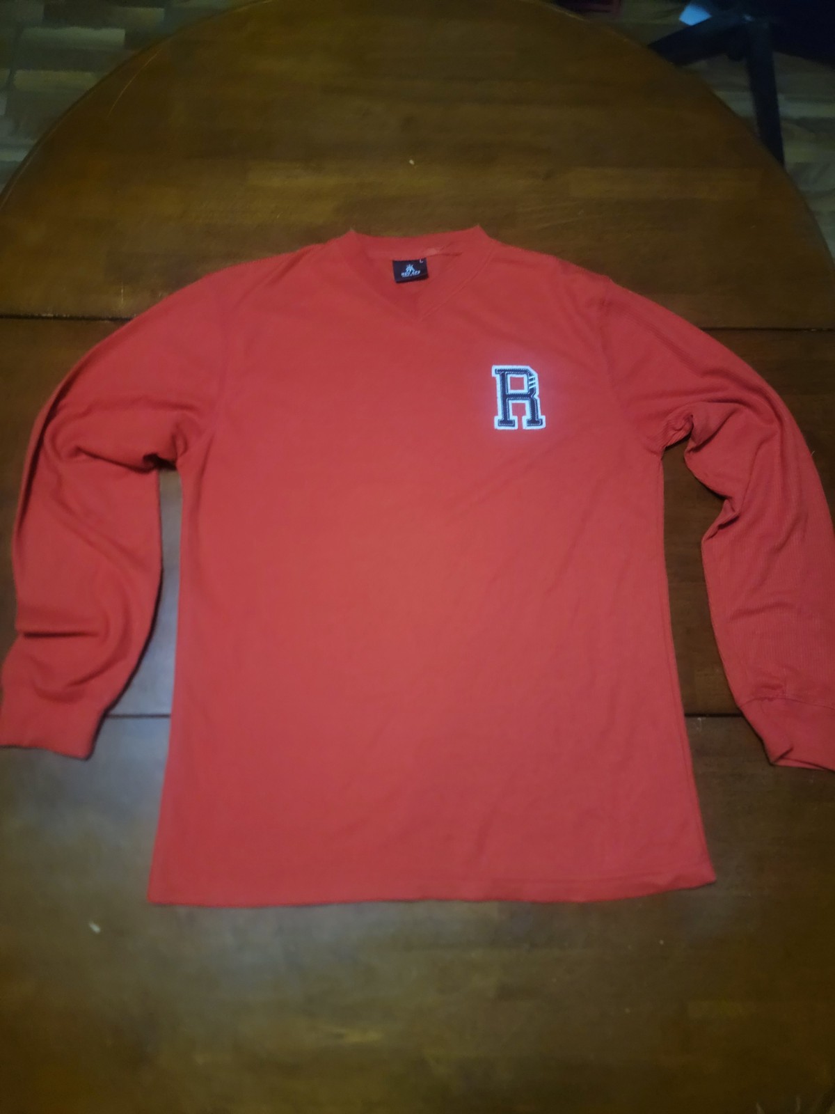 Red Ape Men’s Long Sleeve Shirt Size L Coral Red “R” Patch Logo Ribbed Texture