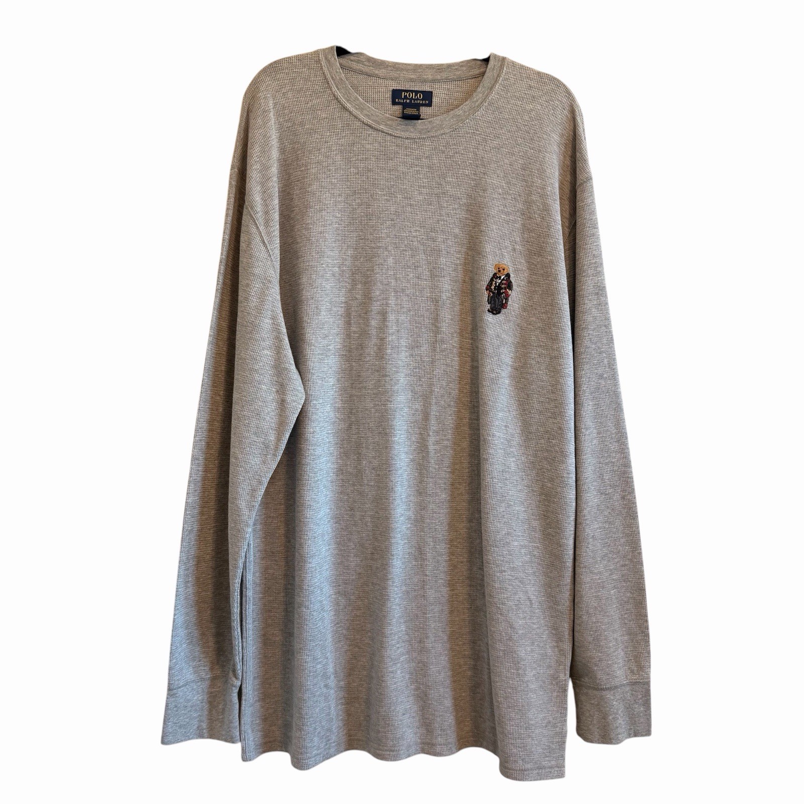 Polo Ralph Lauren Embroidered Bear Gray Waffle Thermal Long Sleeve Shirt Mens 3X gallery