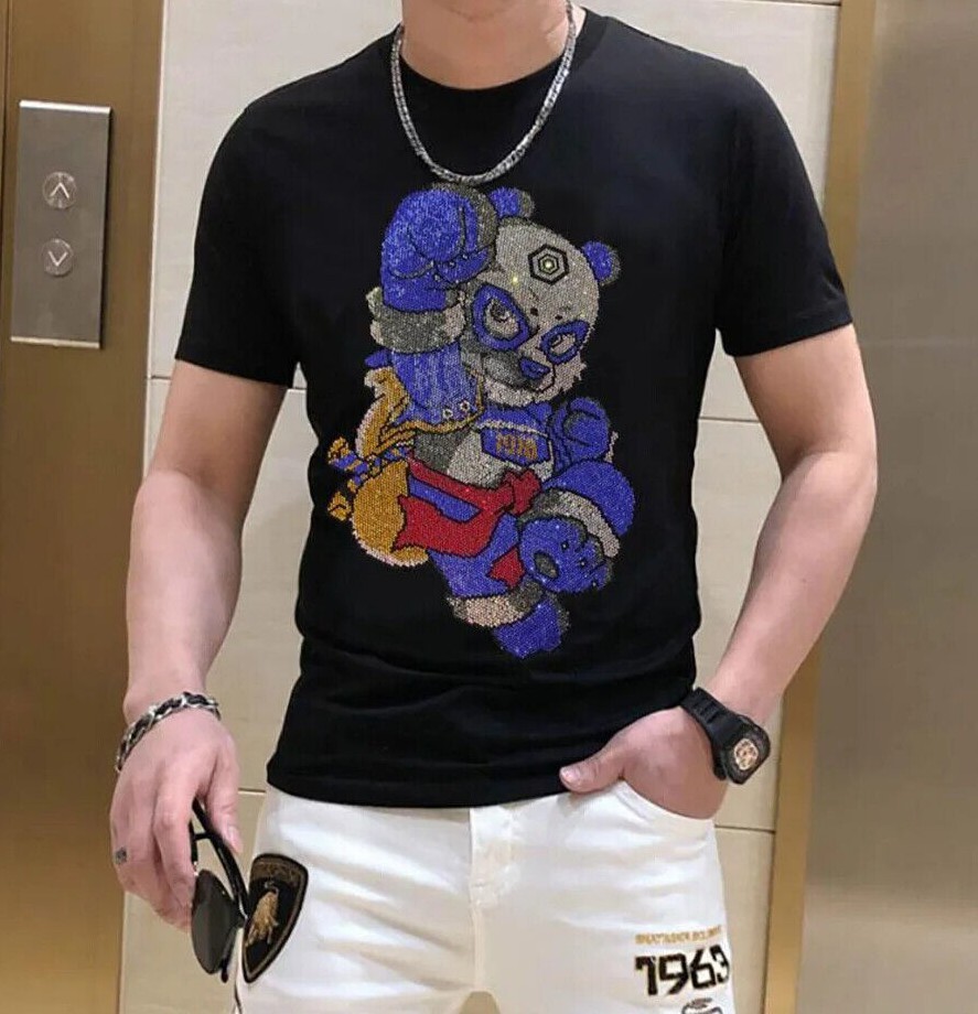 New Fashion Rhinestones Bear Short Sleeve Luxury Men Black White T-Shirt gallery