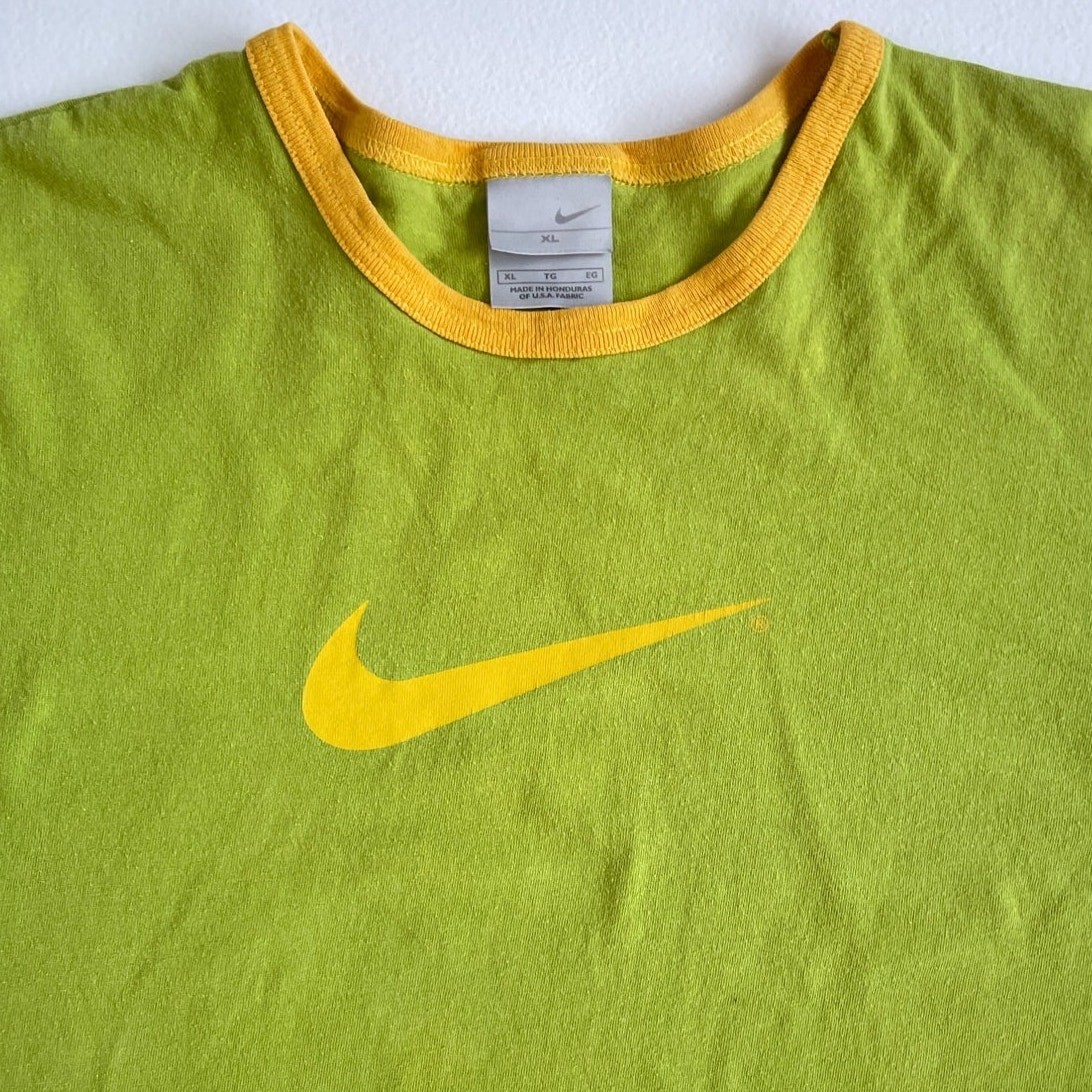 Vtg 90s Y2K Lemon + Lime NIKE Ringer Swoosh T-Shirt / Size XL Cotton Logo Sport gallery