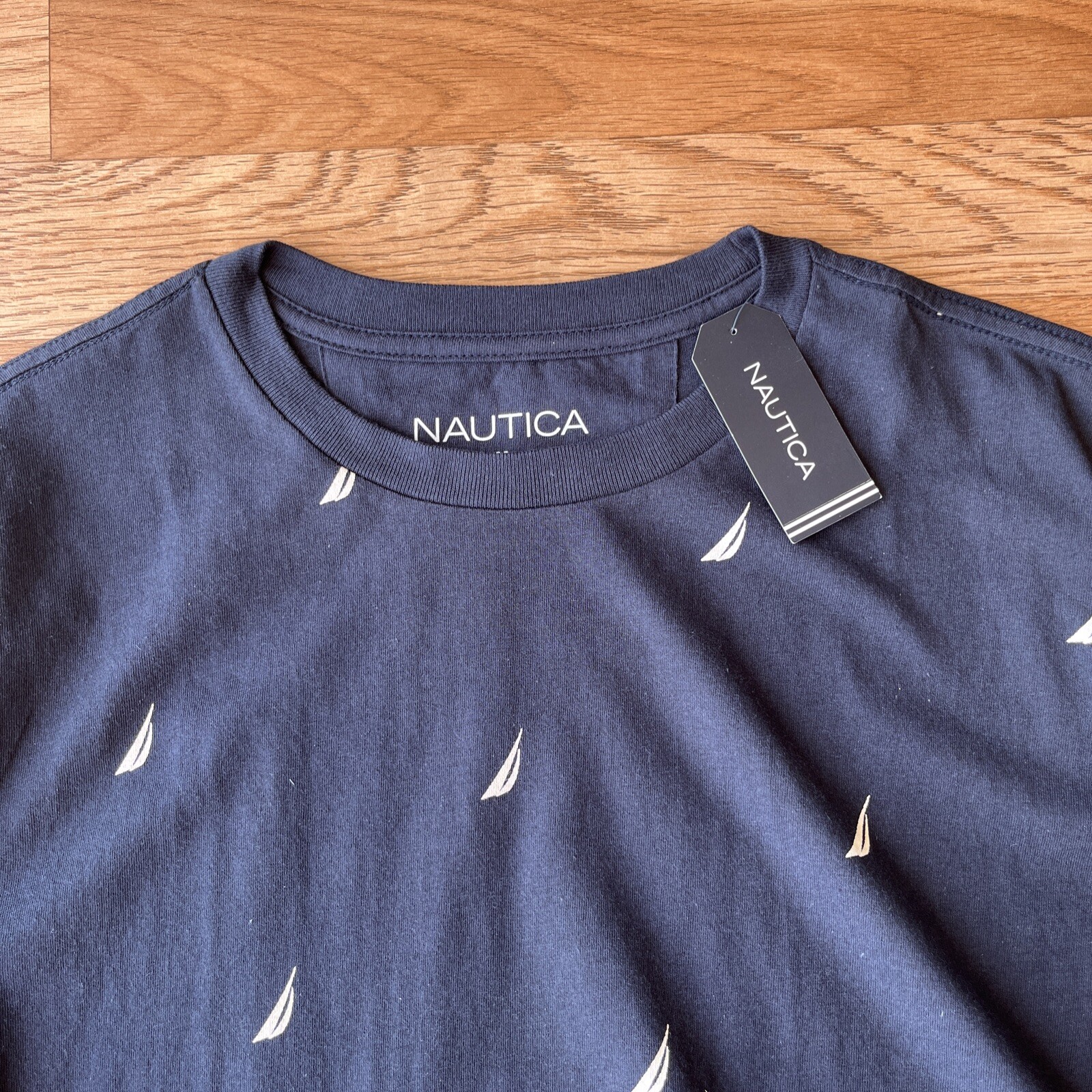 Nautica Men's T-Shirt Size Large Navy Blue All Over Logo Print Crew Neck NEW gallery