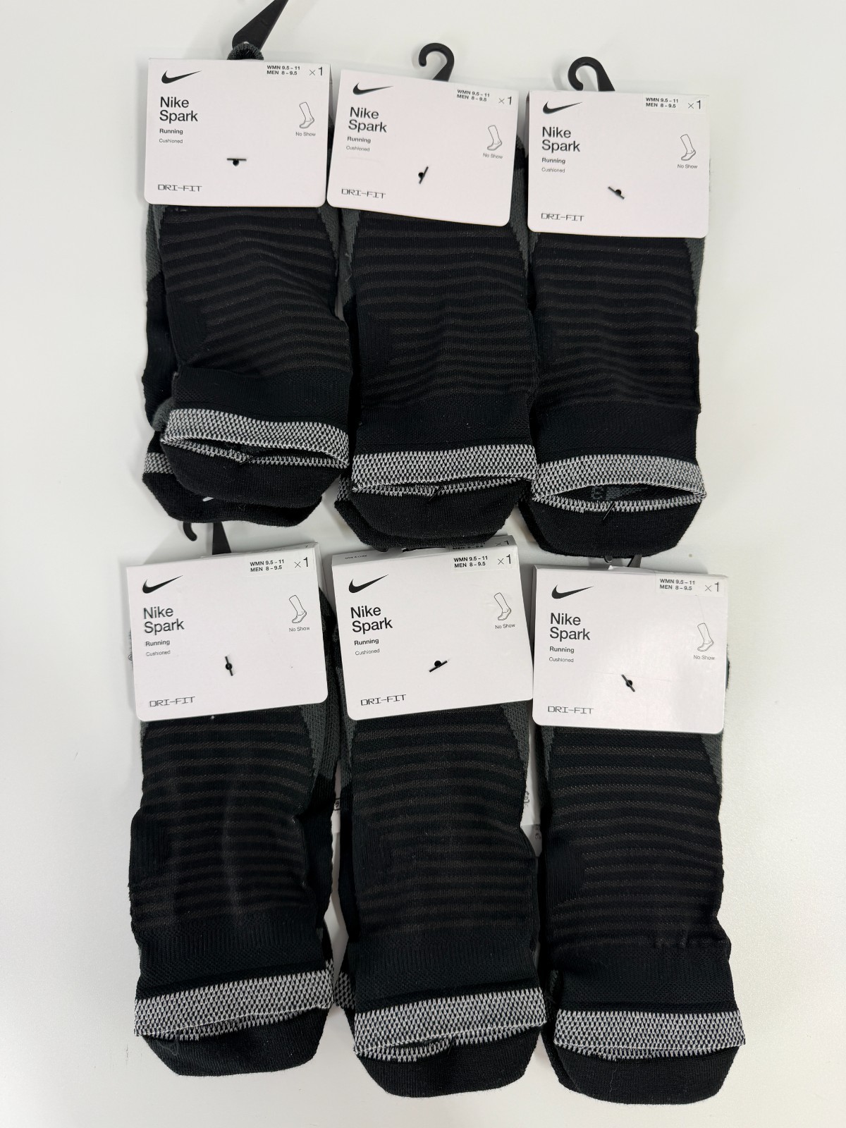 6 Pairs Nike Spark Cushioned No Show Running Socks Black Size 8-9.5 CU7201-010