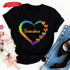 Personalized Grandma Colorful Heart Shirt, Custom Nana Shirt With Grandkids Name