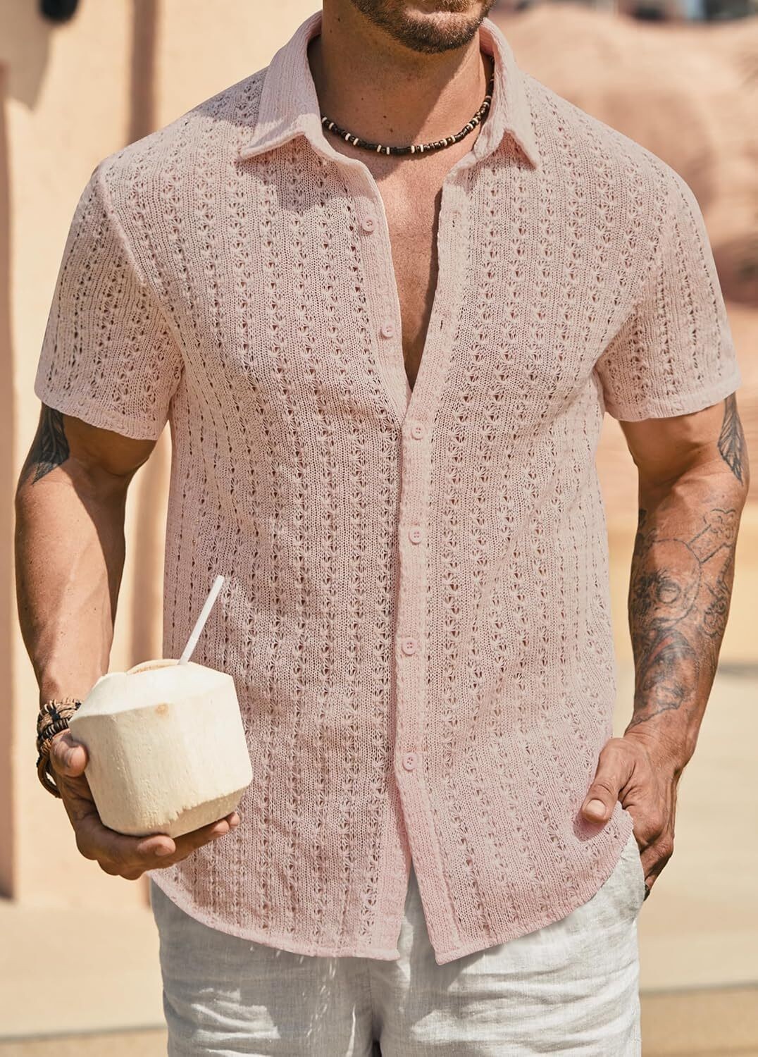 Men's Knit Crochet Button Down Shirt Hollow Out Textured Casual Summer Top S-XXL gallery