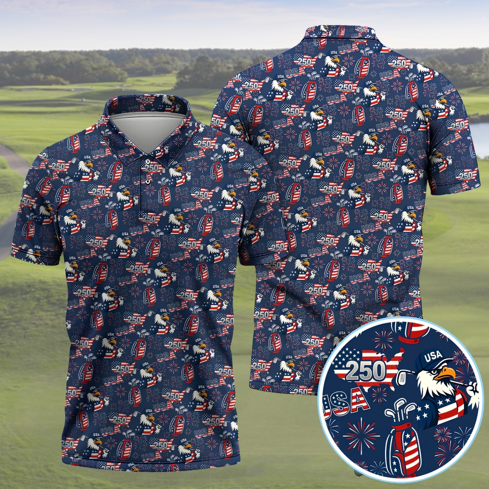 Men 250 USA Birthday Golf Polos, Patriotic Bald Eagle American Flag Shirt(S-5XL) gallery