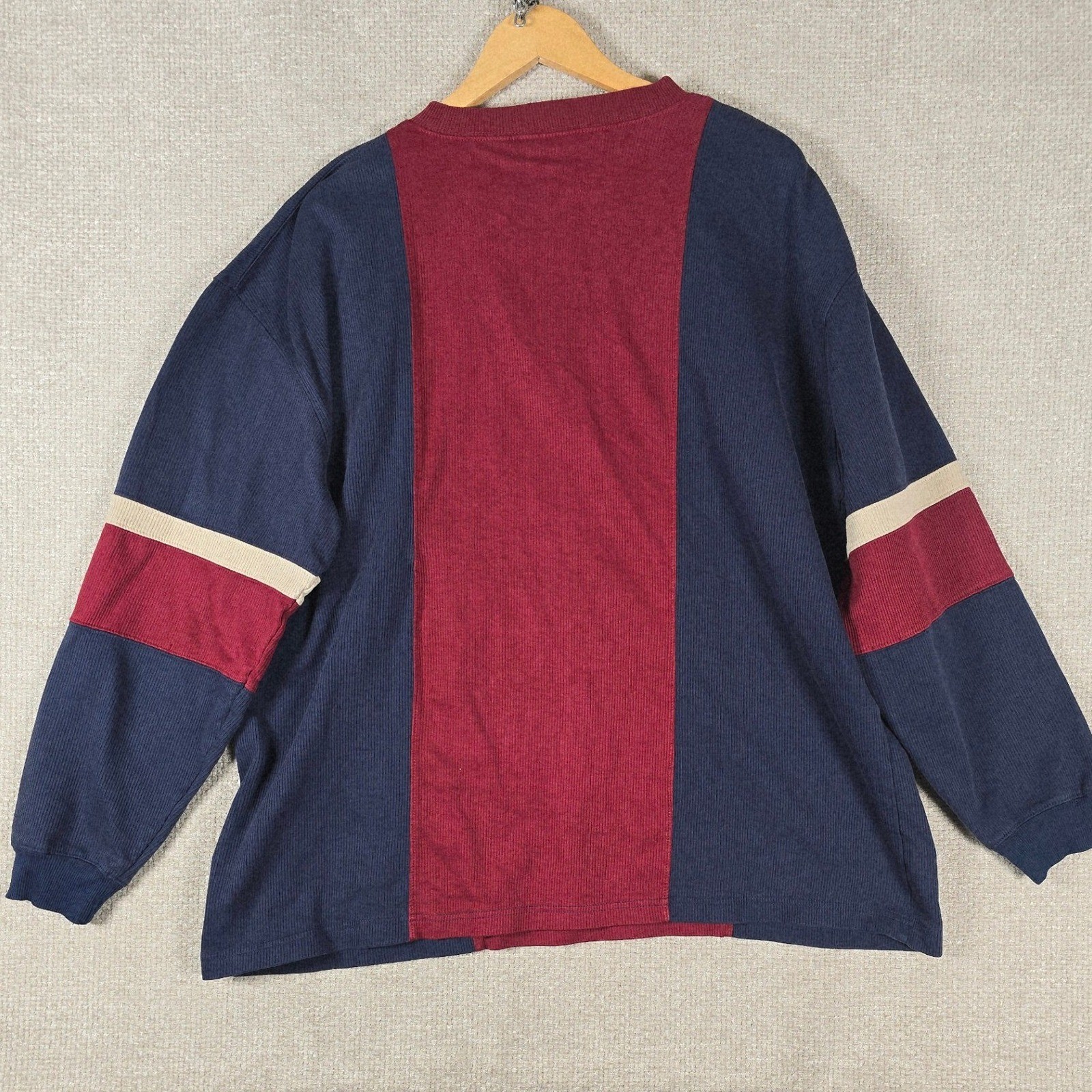 VTG North Crest Mens XL Henley Shirt Colorblock Ribbed Navy Burgundy Long Sleeve gallery