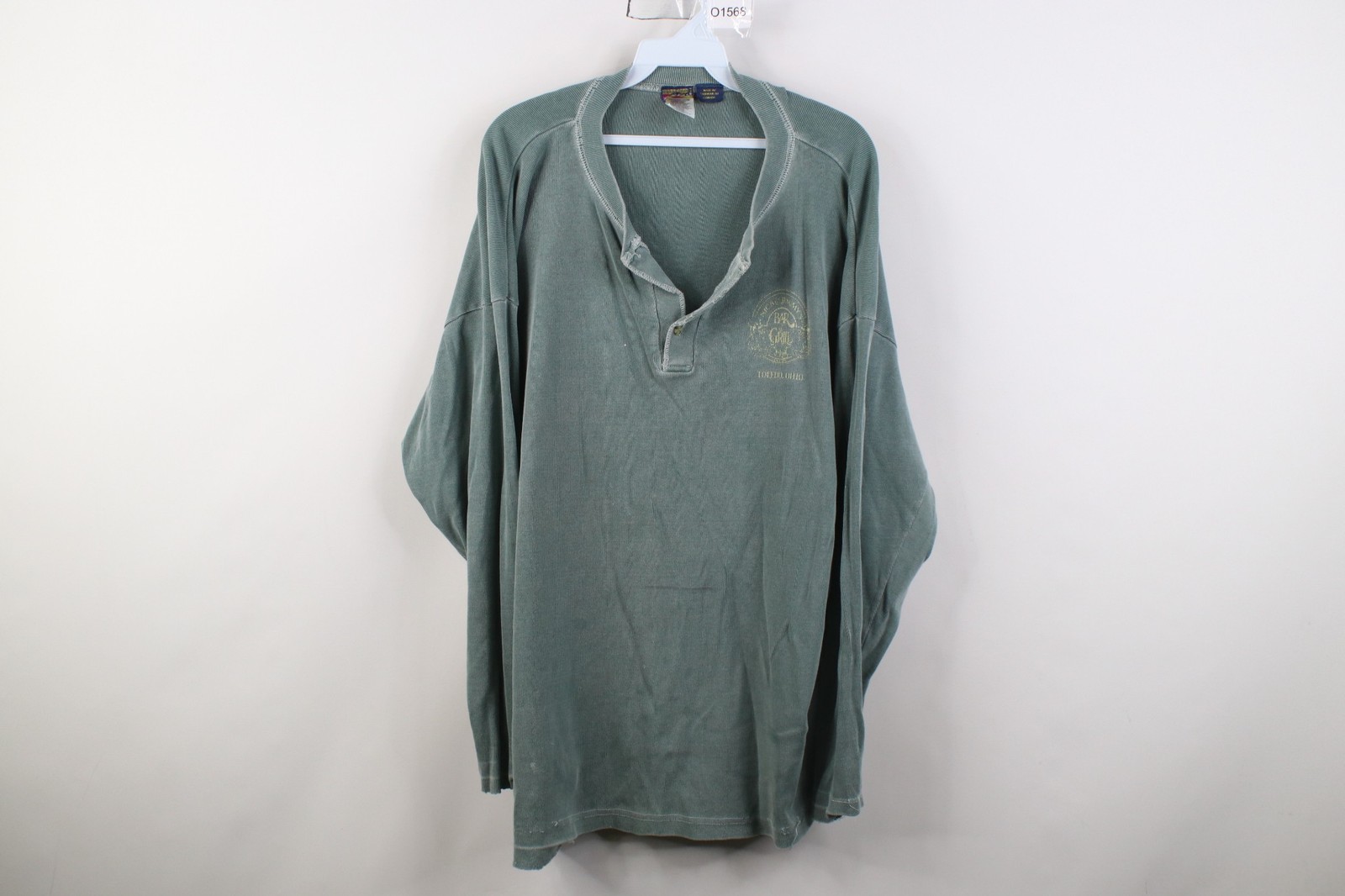 Vtg 90s Mens XL Thrashed Thermal Ribbed Knit Long Sleeve Henley T-Shirt Green gallery