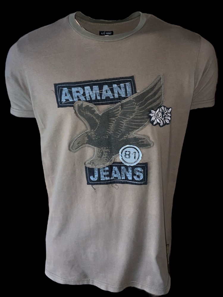 ARMANI JEANS mens designer t-shirt patch 3D regular khaki ITALY size XL ( L )