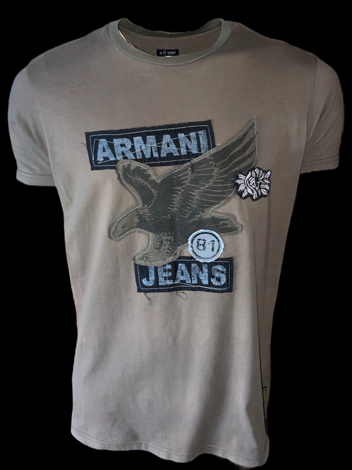 ARMANI JEANS mens designer t-shirt patch 3D regular khaki ITALY size XL ( L )
