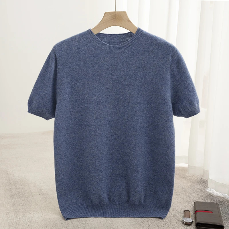 Spring Summer Men's Short Sleeved Pure Wool T-Shirt Sweater O-neck Solid Color L gallery