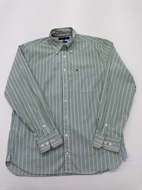 Tommy Hilfiger Mens Long Sleeve Shirt Green Striped Size L Condition