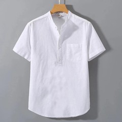 Men T Shirt Short Sleeve Solid Color Pocket Design Button Neck Streetwear Top