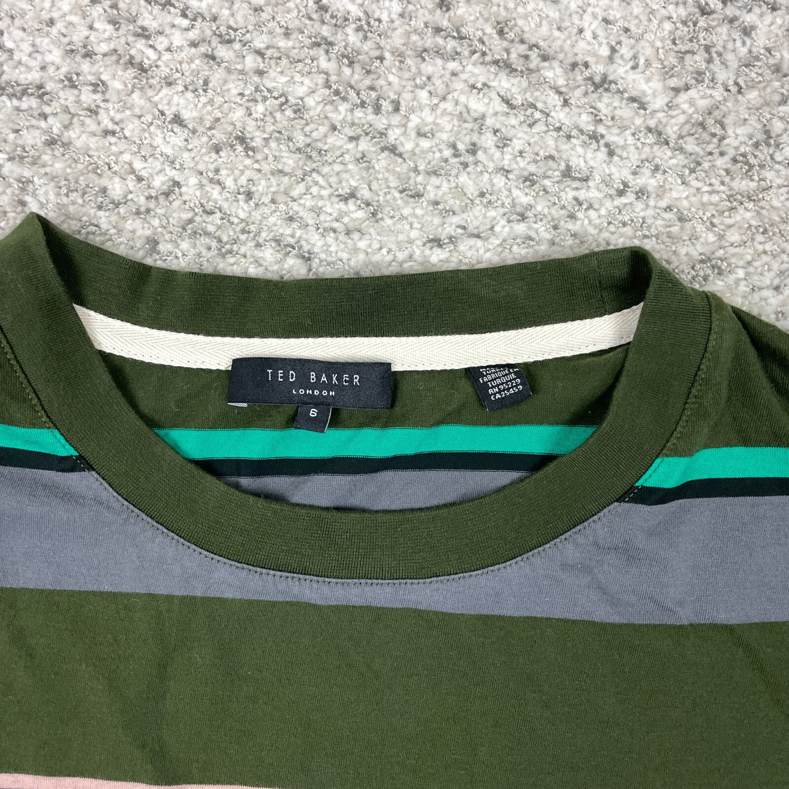 Ted Baker T-Shirt Mens Short Sleeve Crew Neck Green Gray Stripe Tee Logo GUC gallery