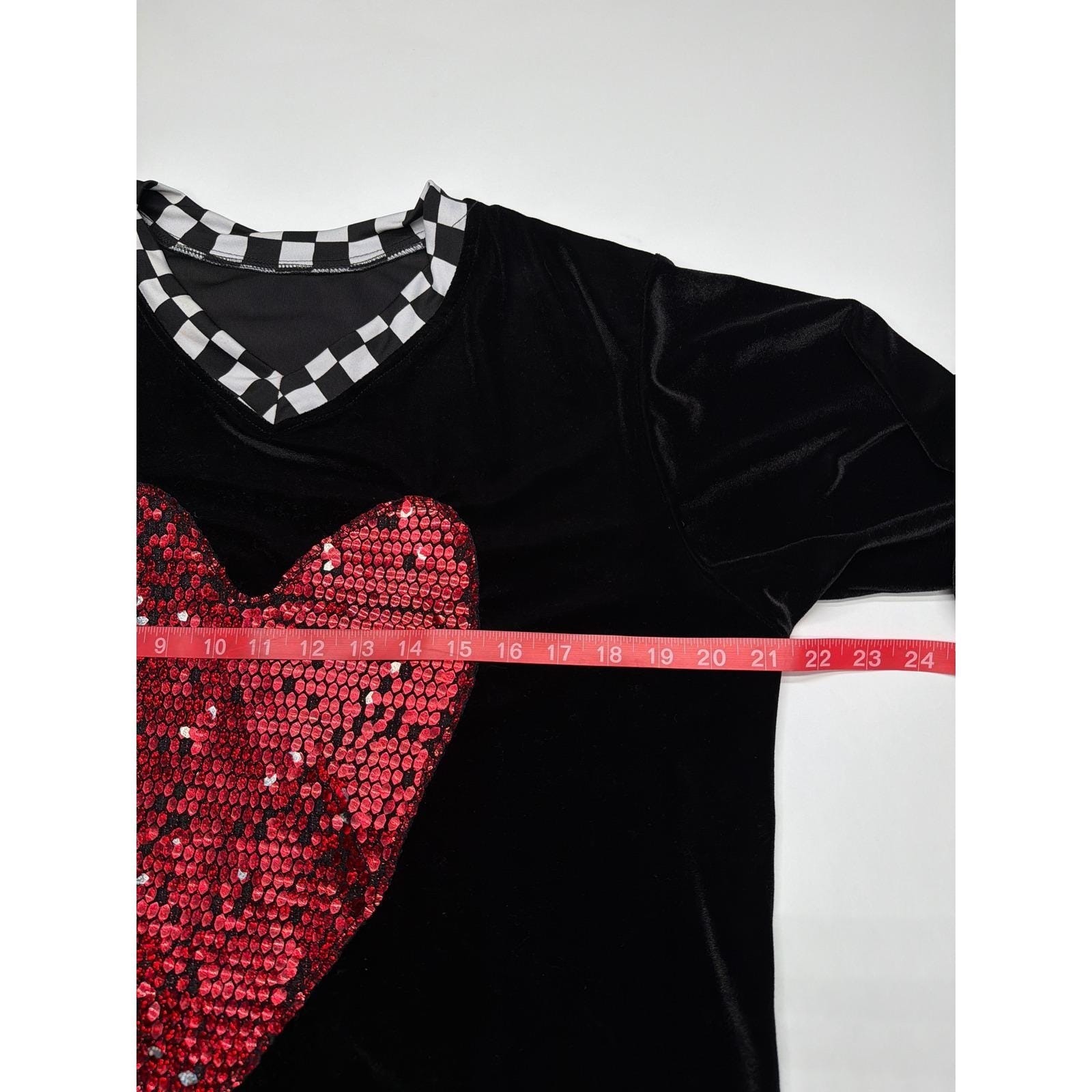 Mens Black Velvet Long Sleeve V Neck Shirt Red Sequin Heart Checkerboard Trim M gallery