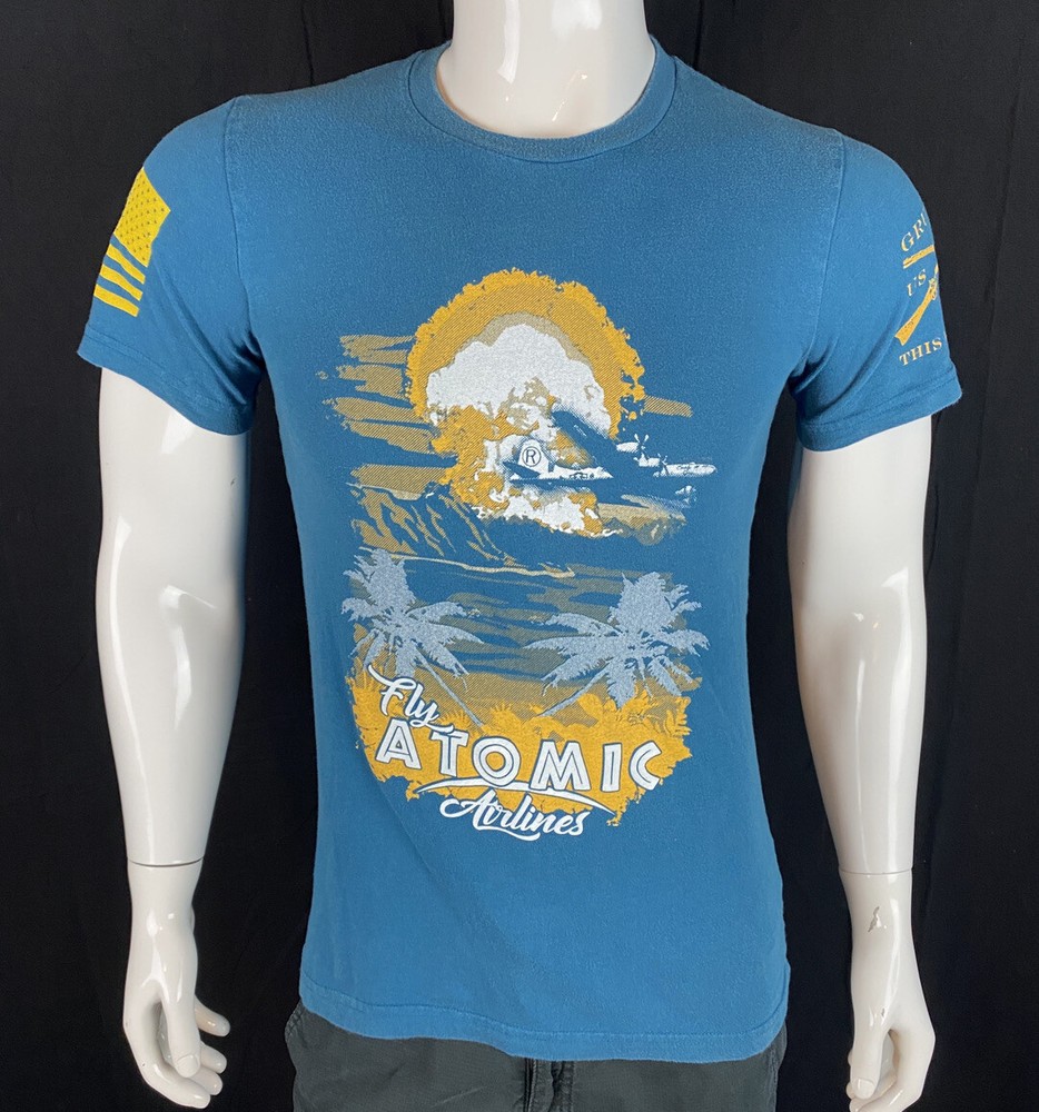 Grunt Style “Fly Atomic Airlines” Blue Front Graphic T Shirt, Men’s Size Small