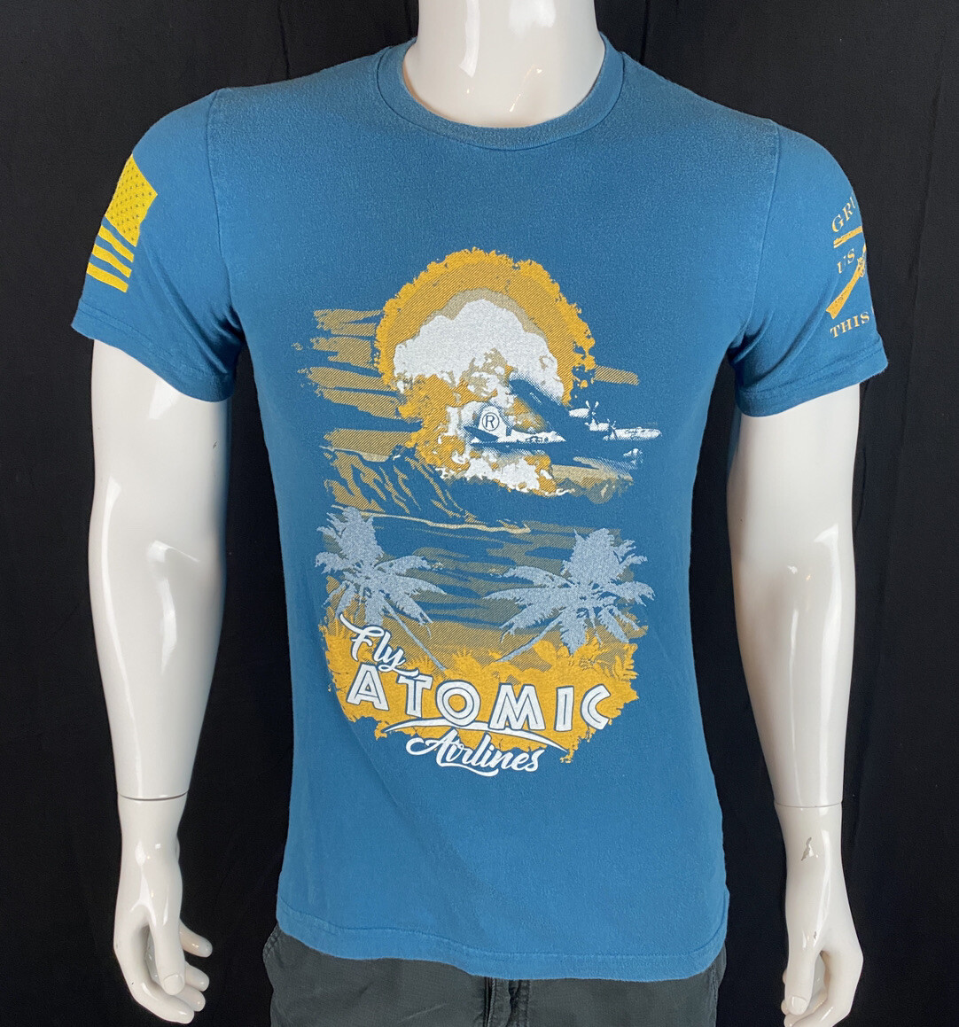 Grunt Style “Fly Atomic Airlines” Blue Front Graphic T Shirt, Men’s Size Small