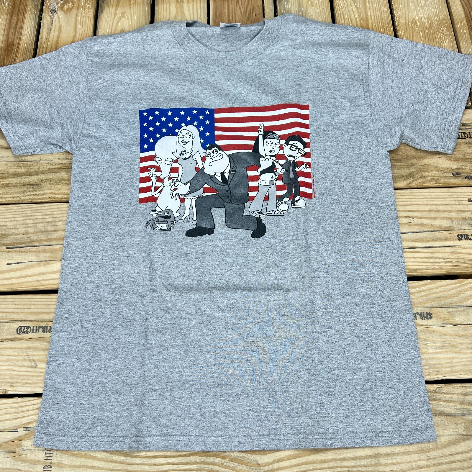 Vtg Y2K New Old Stock 2005 American Dad Flag Gray Graphic T-Shirt Men's Sizes gallery