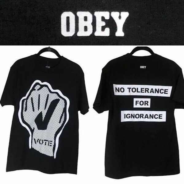 NEW OBEY Awareness Black White VOTE NO TOLERANCE FOR IGNORANCE Cotton T-Shirt L gallery