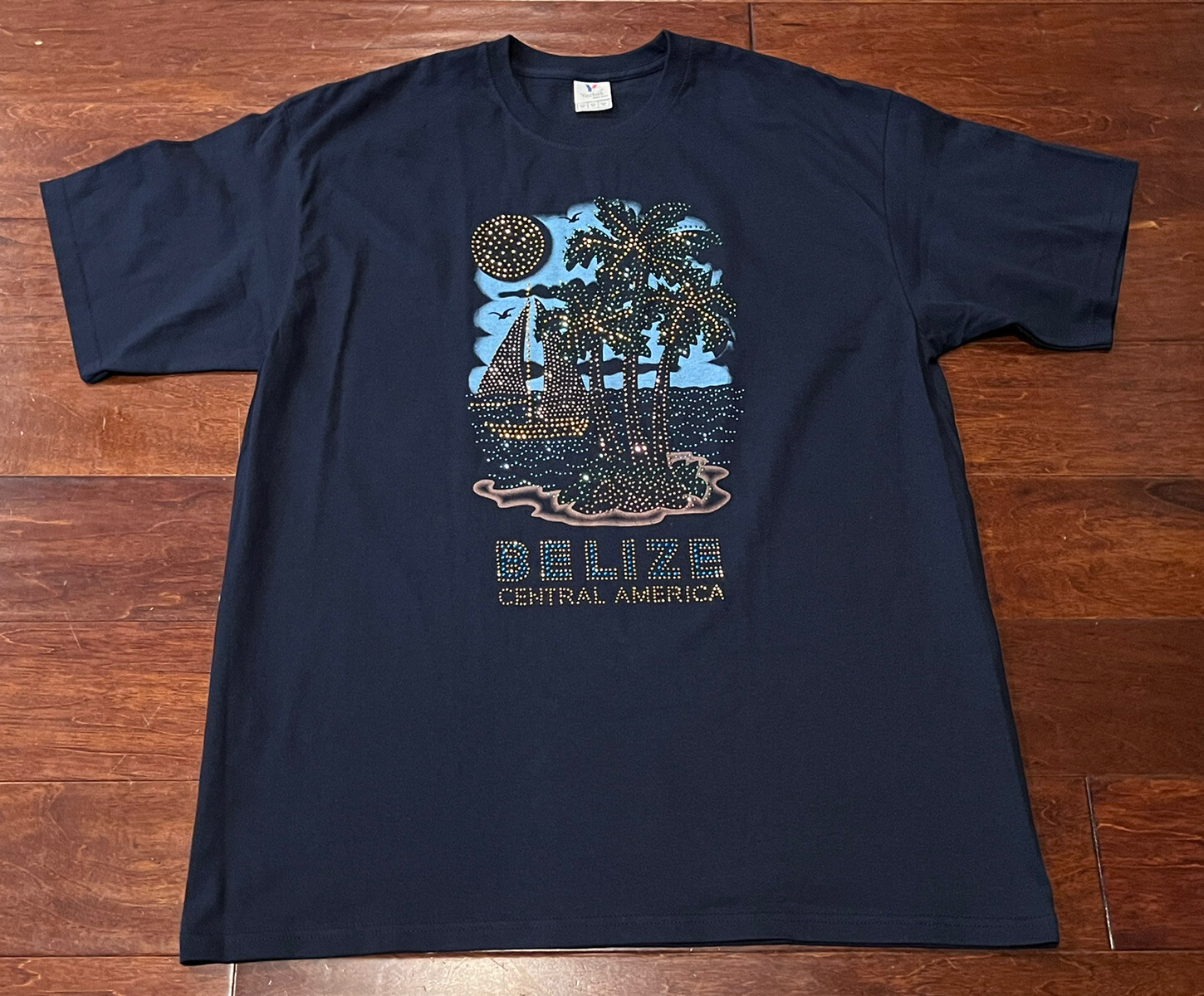 Belize Central America Blue Green Mens Women's XL Beaded Beach T Shirt YAZBEK gallery