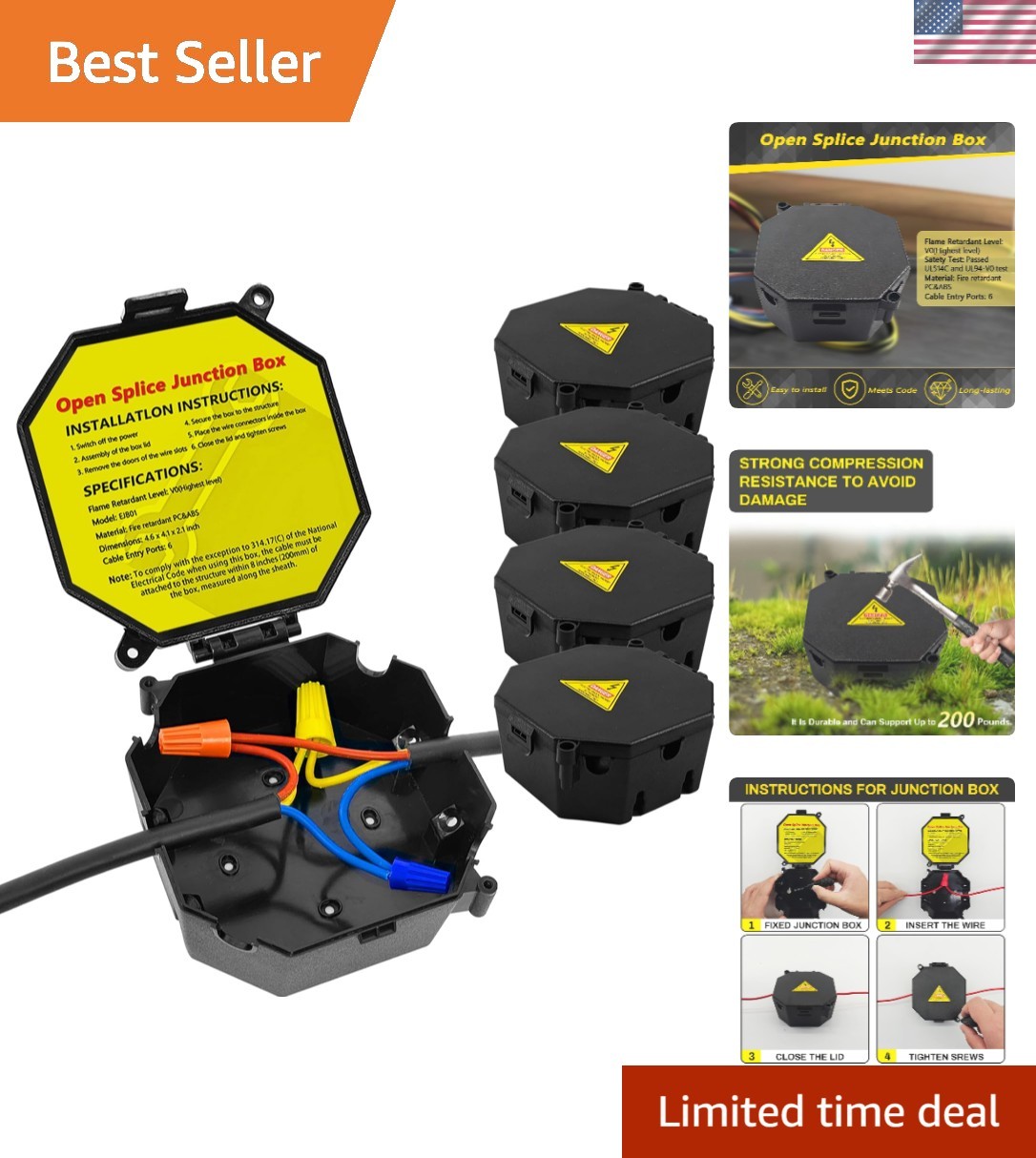 Effortless Installation Black Junction Box 4-Pack with V0 Flame Resistance