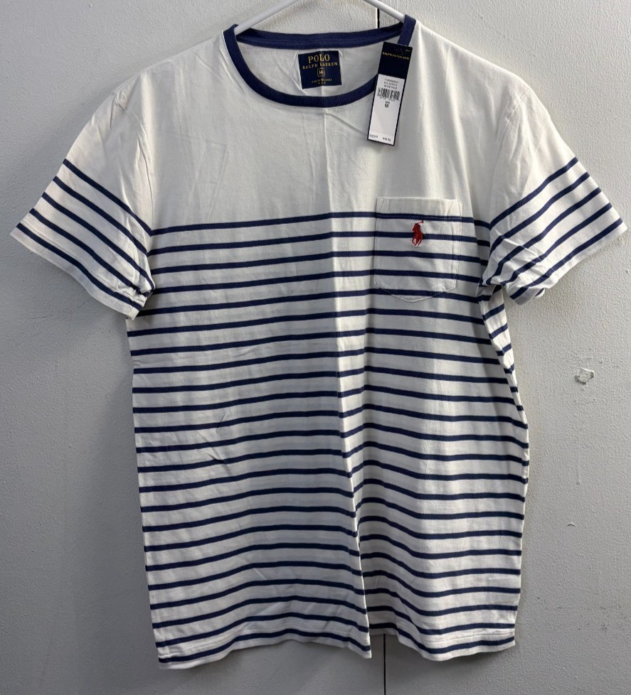 Mens Polo Ralph Lauren Striped Classic Fit Pocket T-Shirt Size Medium White Yale gallery