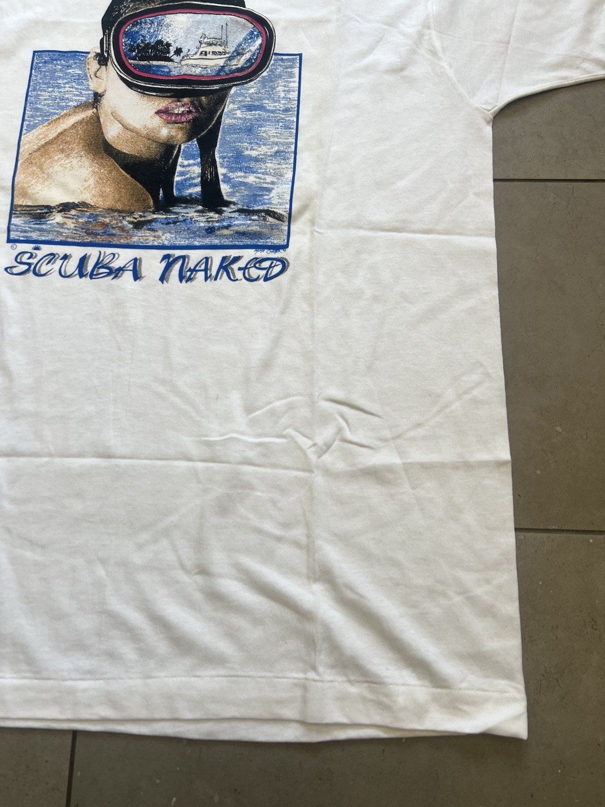 Vintage 90s Scuba Naked Diving Girl Boat Single Stitch Made In USA Tee Shirt XL gallery