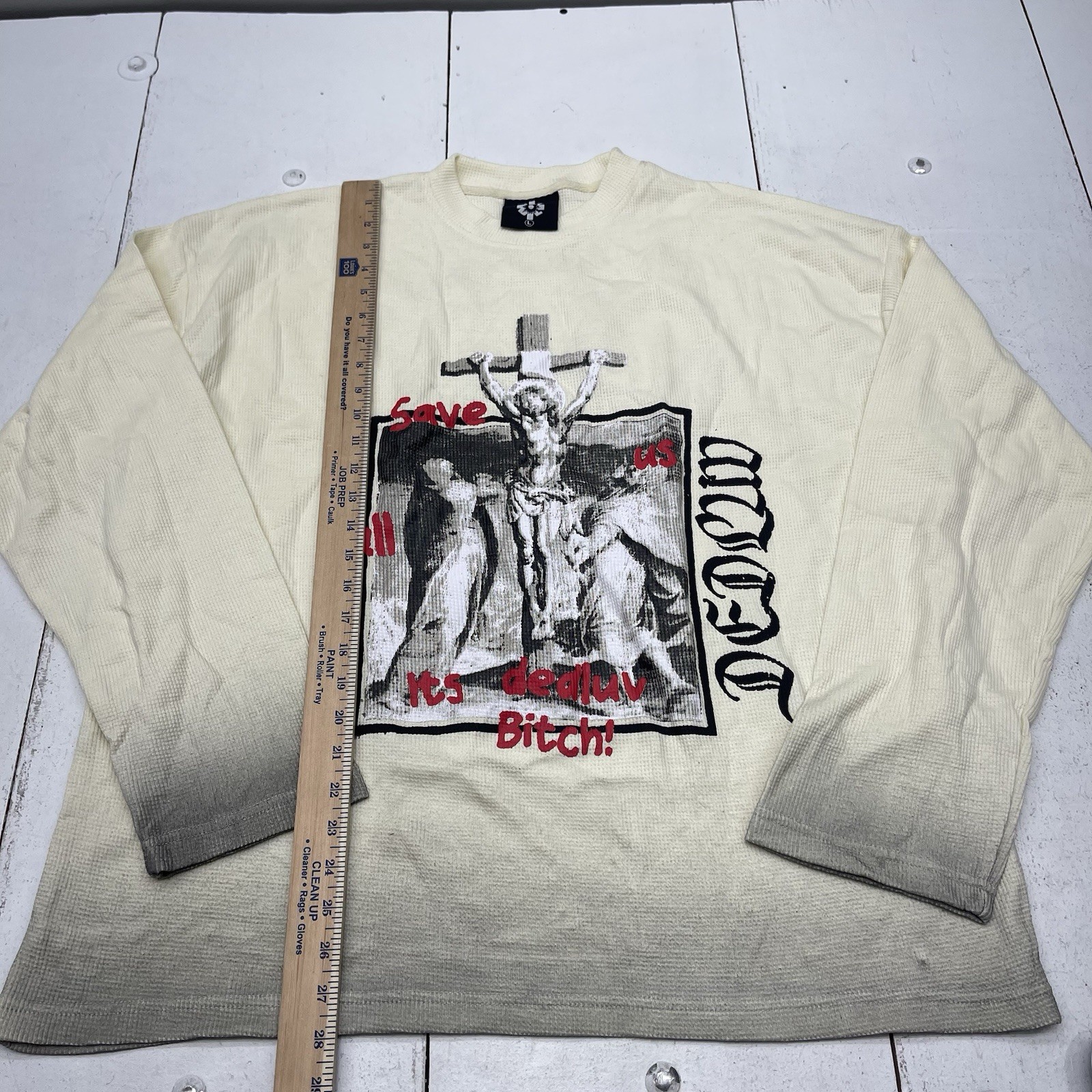 Dedluv Studio Ivory Save Us Long Sleeve Distressed Thermal T Shirt Mens Size L gallery