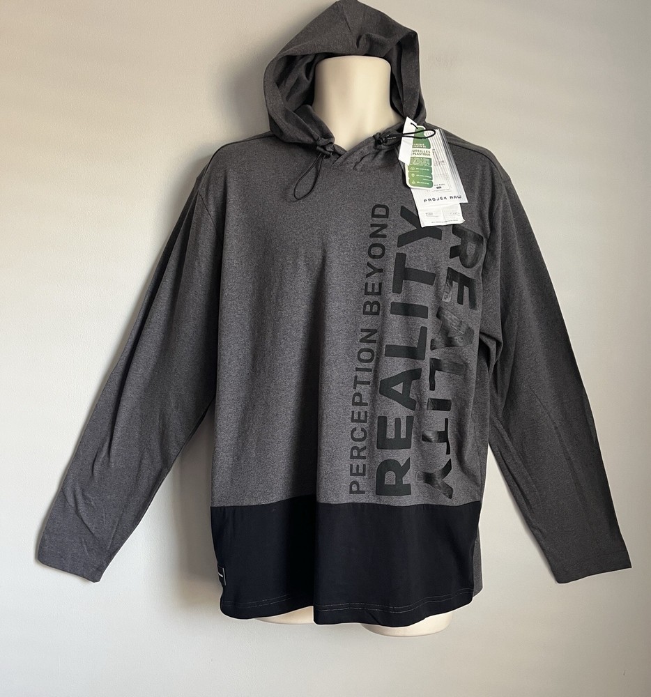 New Projek Raw Men’s Charcoal / Black Large Logo Long Slv. Hoodie Shirt Size L