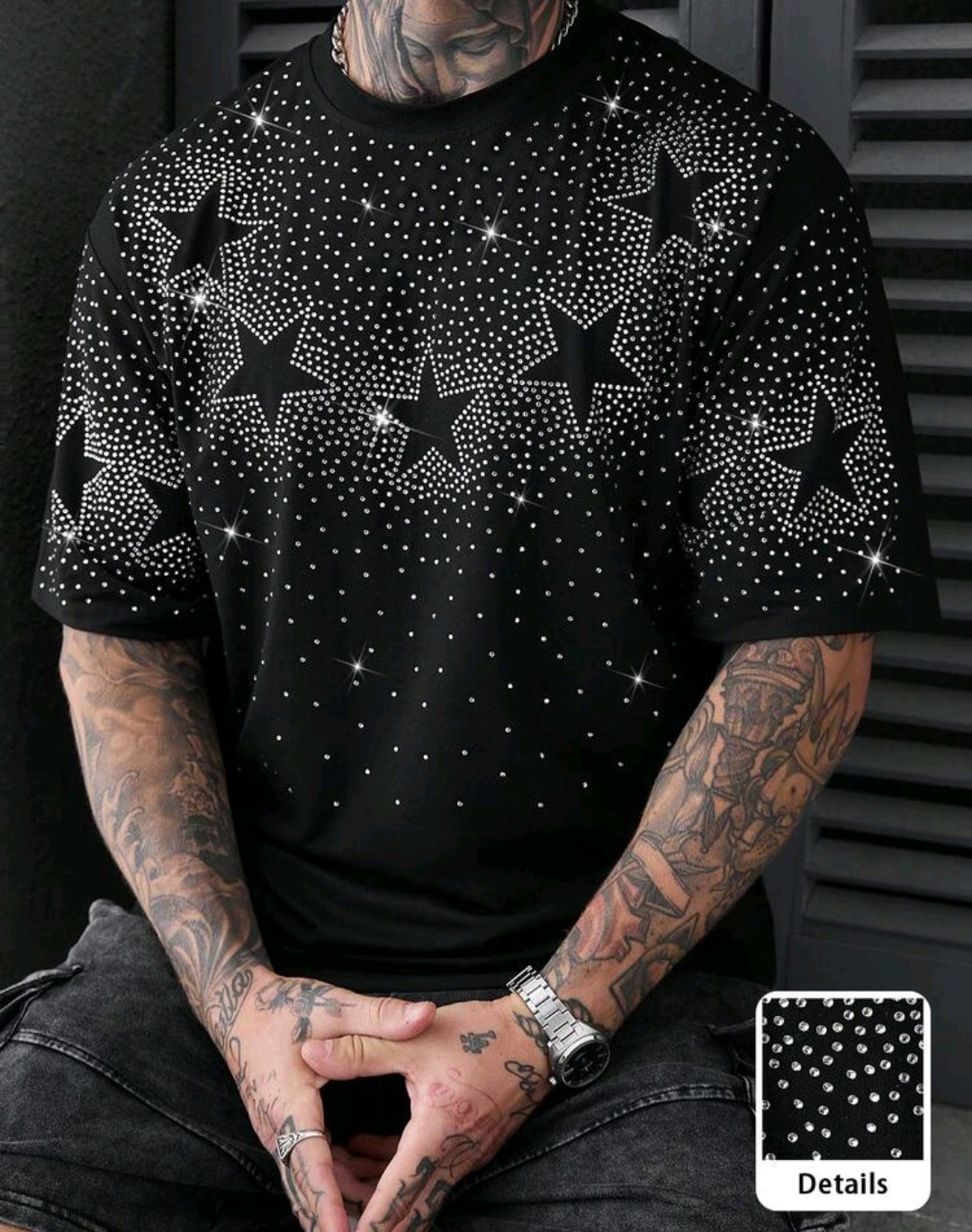 New Men Luxury Diamond Star Rhinestones Fashion Black T-Shirt High Quality gallery
