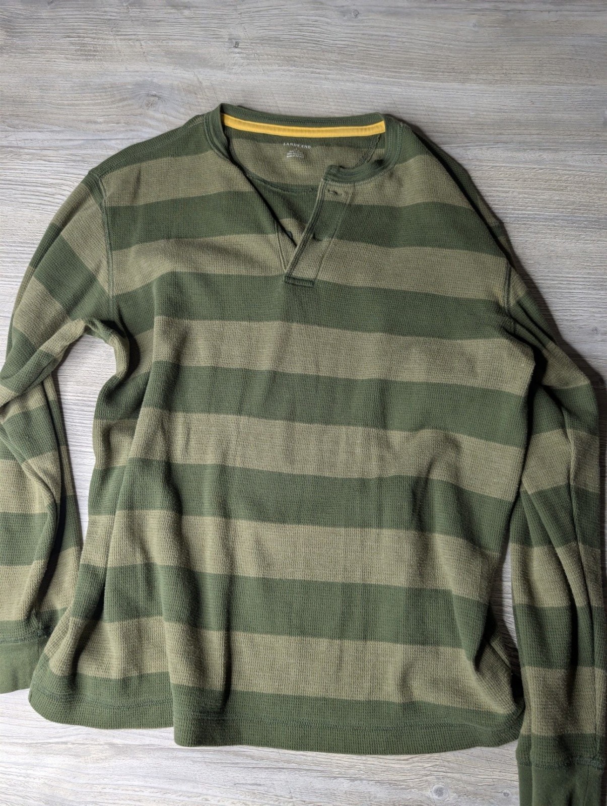 Lands’ End Men’s Striped Waffle Knit Henley Long Sleeve Shirt