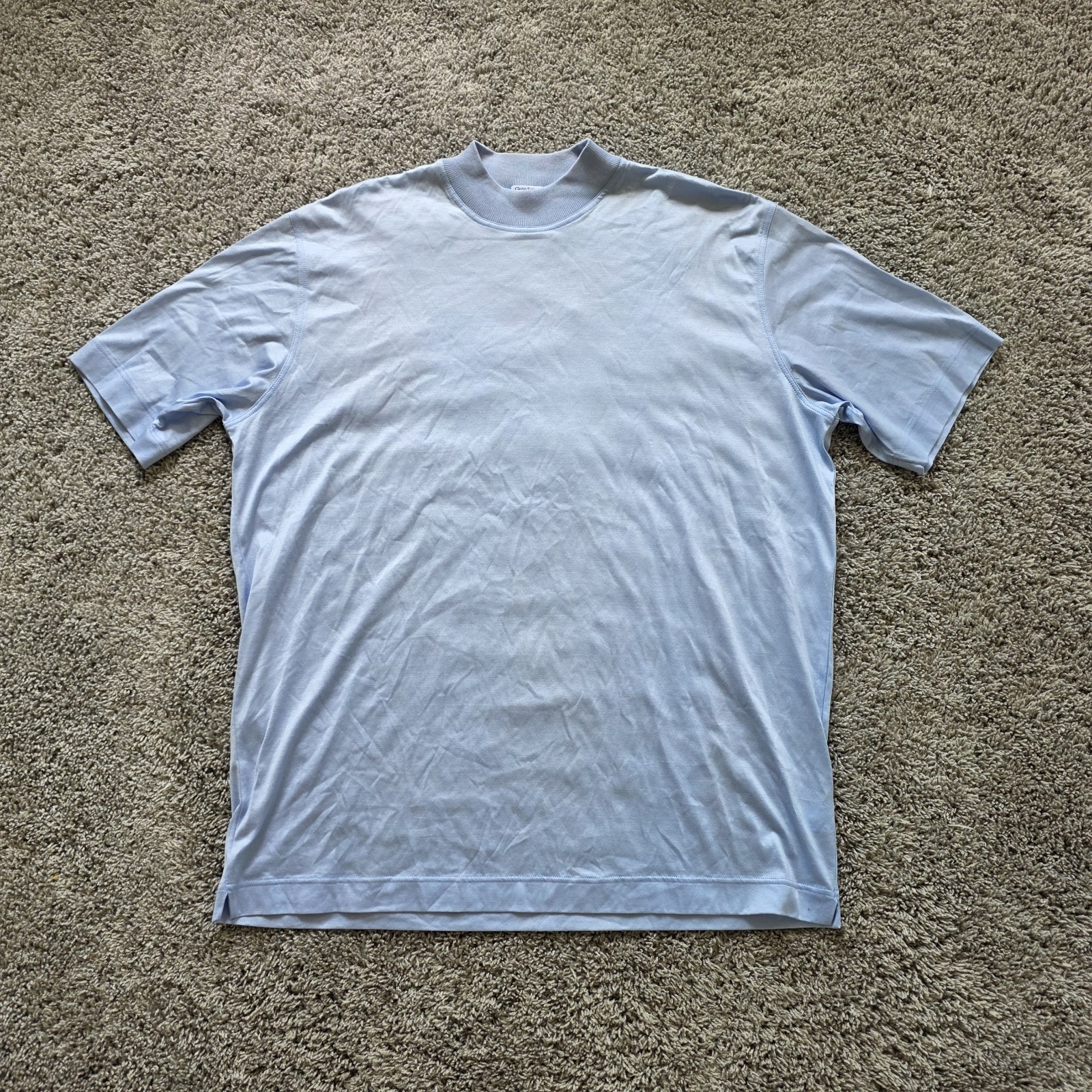 GRAN SASSO Mock Neck Short Sleeve Shirt Men LARGE L EU 54 Light Blue 100% COTTON