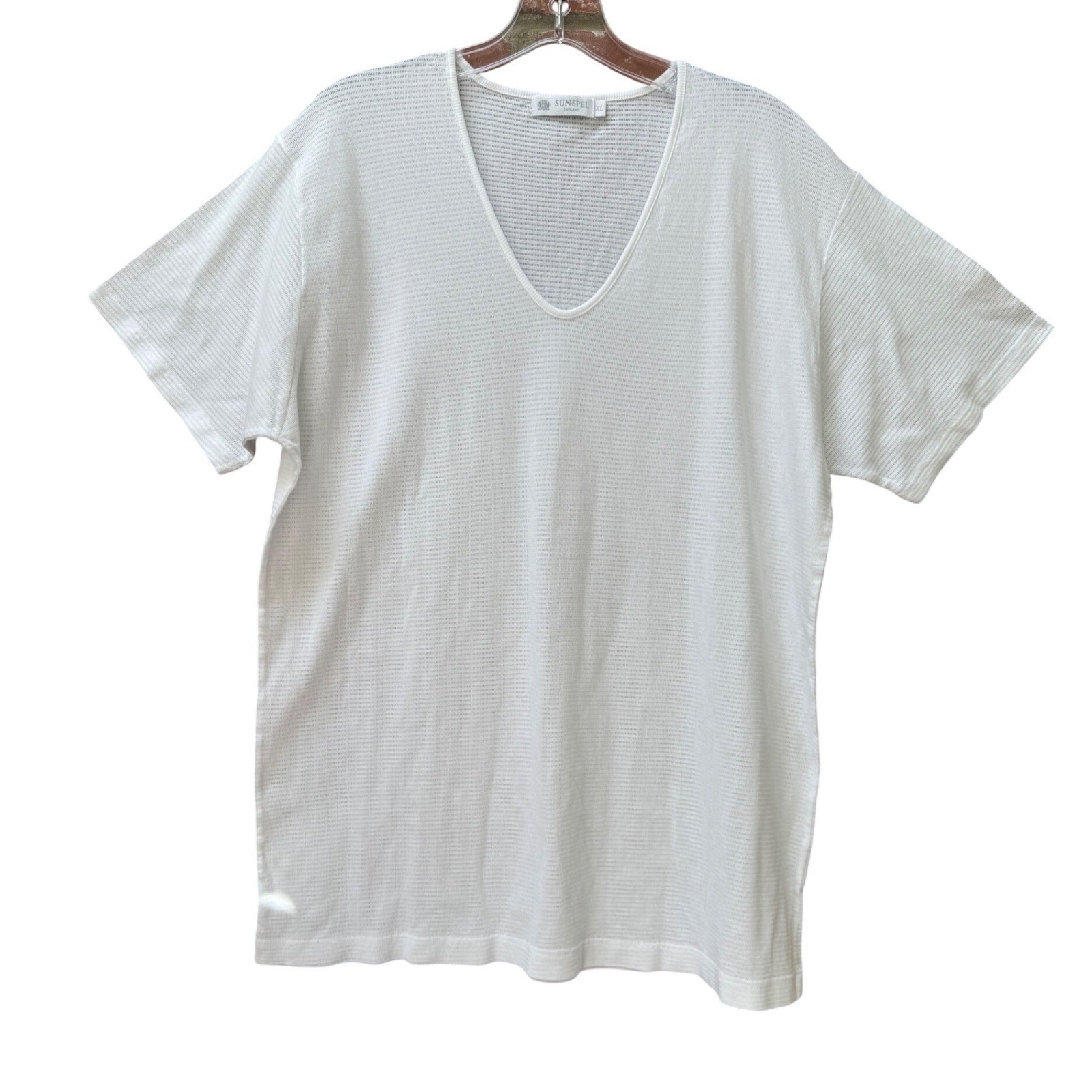 Sunspel England Mens XL White Cotton Cellular Mesh Deep V-Neck T-Shirt Knit Top gallery