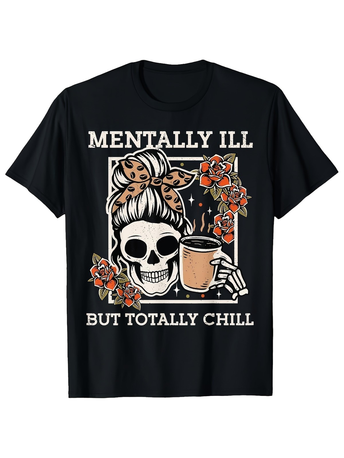 Crew Neck T Shirt with a Single Sided Print Featuring a Skeleton Design gallery
