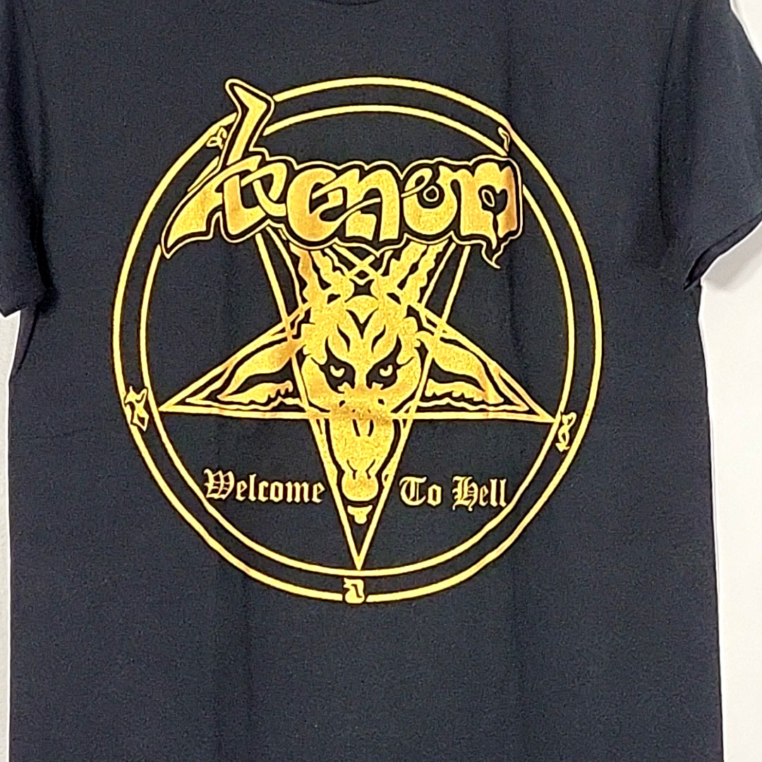 VENOM Welcome To Hell M MEDIUM T-Shirt Black Mens Shiny Gold Band Logo gallery