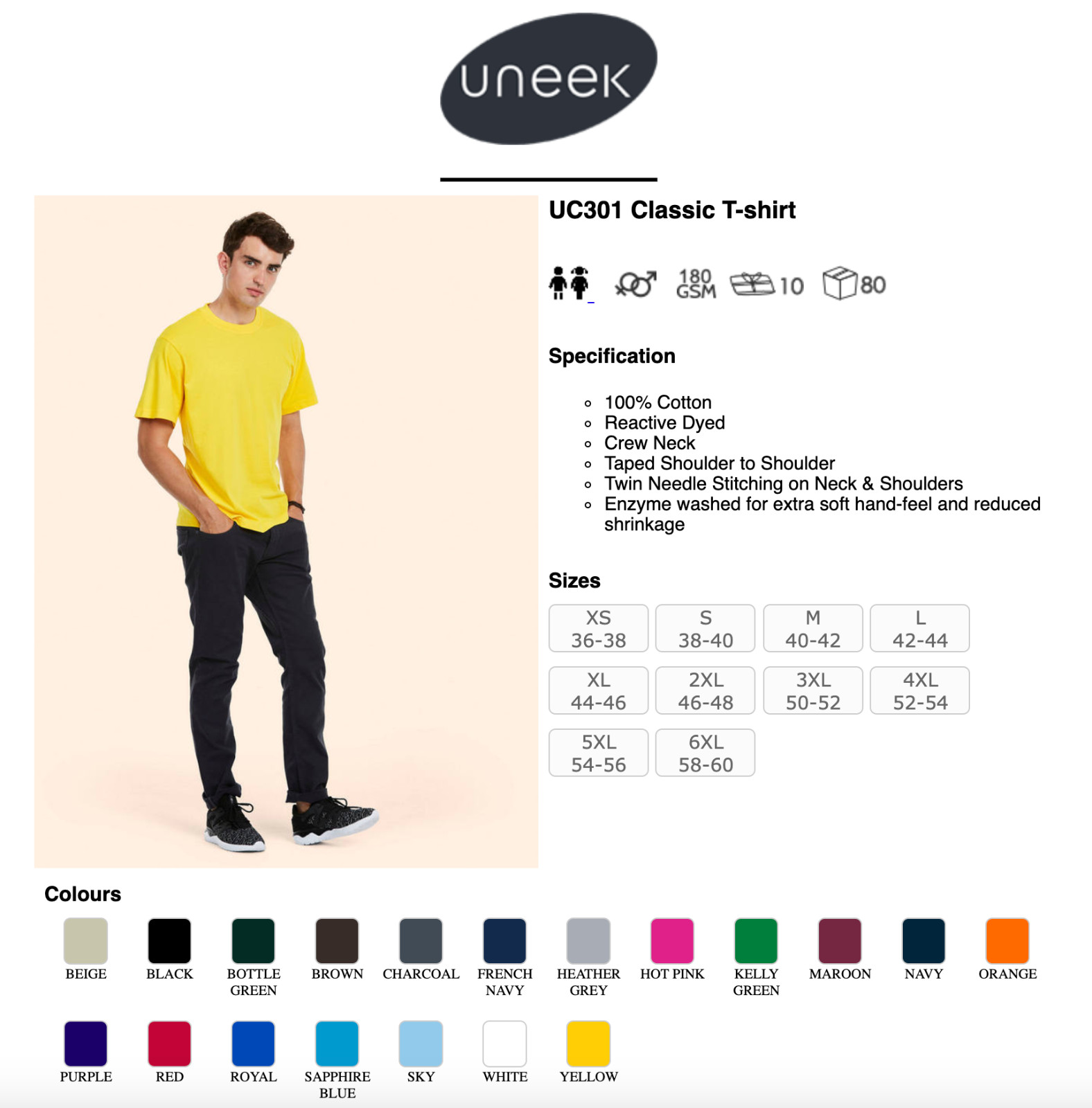 Uneek Unisex Men's Classic T-Shirt Crew Neck Sports Work Wear Tee Tops XS - 6XL gallery